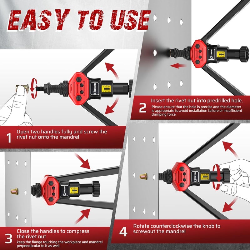 CORWIN Store Stroke Setting Rivet Nut Gun 1003 16-Inch, with Metric and SAE 15 Specifications Mandrels, and 200 Pieces of Rivet Nuts Stored in a Blow Molded Plastic Carrying Case - Image 3